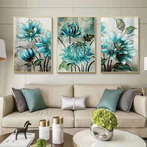 Blue Flowers Golden Lace Noble Decorative Diy 5D Diamond Painting Plants Mosaic Full Square Round Embroidery Home DecorZP-2974
