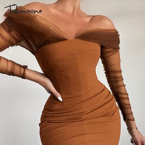 Tobinoone Office Lady Off Shoulder Ruched Dress Sexy Long Sleeve Bodycon Mesh Mini Dress Simple Elegant Daily Outfit Vestidos