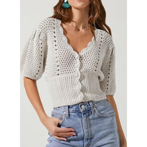 Knitting solid hollow out v-neck causal womens shirts loose single breasted short sleeves women shirt 2021 Autumn female tops