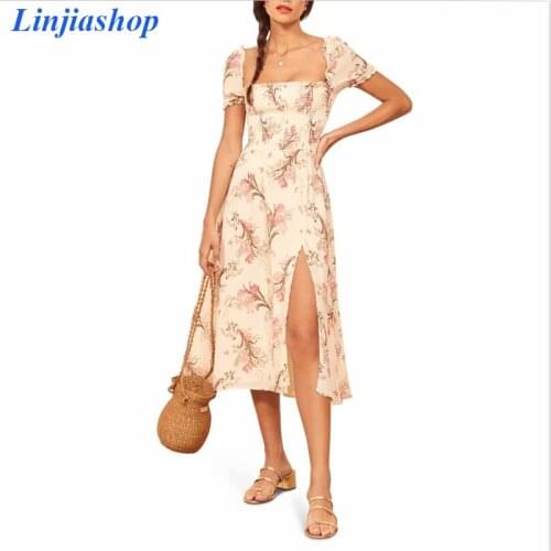 Vintage square neck split summer dress women short sleeve floral slim elastic print wrap dress female vestidos dropshipping