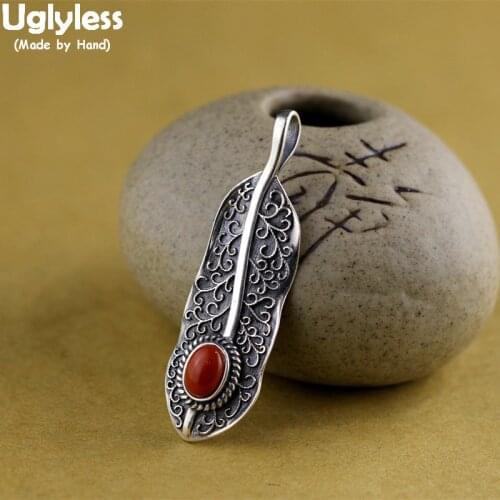Uglyless Vintage Indian Style Thai Silver Leaf Pendants for Women Natural Agate Necklaces NO Chains 925 Silver Fine Jewelry P961