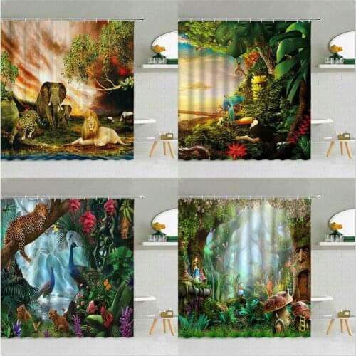 Wild Animals Scenery Shower Curtain Elephant Lion Leopard Peacocks Dream Forest Flowers Bathroom Supplies With Hook Home Decor