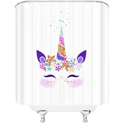 Unicorn Shower Curtain Cute Magic Head Lovely Animal Shiny Star Flower for Kids Girls Home Bathroom Decor Quick Dry Fabric with