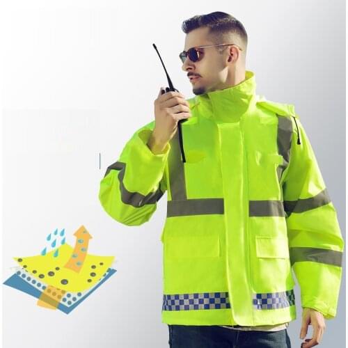 Hi Vis safe reflective strip outwear jacket coat raincoat windproof waterproof antifouling hooded uniform Traffic police outfit