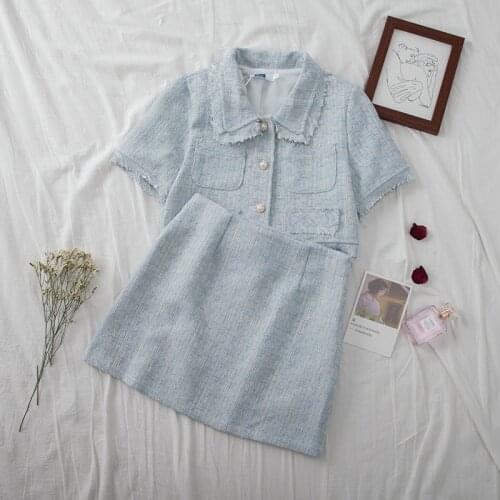 2 Pieces Set Women Short Coat + Skirt Suit Elegant Pearls Buttons Summer Vintage Office Dress Young Lady Sets