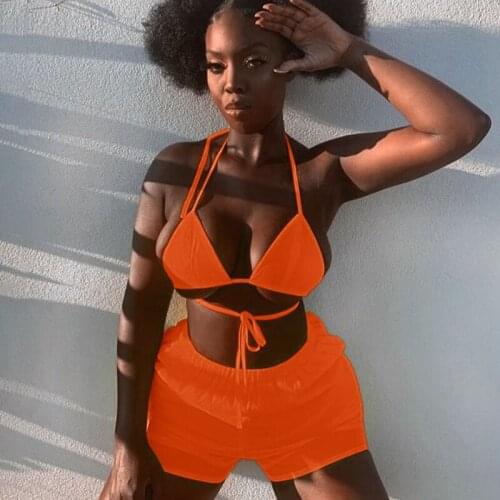 Neon Orange Spaghetti Straps Sexy Camis Shorts 2 Two Piece Set 2019 Summer Women Fashion Green Party Streetwear Female Sets