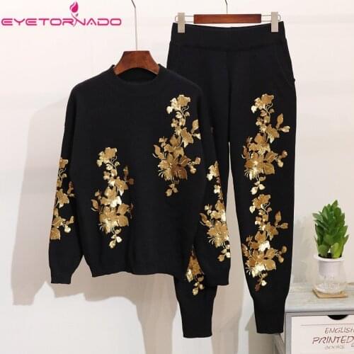 Women 2 Piece Set Autumn Winter Gold Flower Sequined Casual Knitted Top and Pencil Trouser Pant Suit TrackSuit Outfit E6696