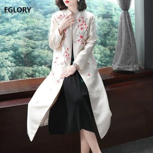 X-Long Coat Outerwear 2019 Autumn Winter Trench Women Vintage Floral Embroidery Covered Button Long Sleeve Casual Overcoats XXL