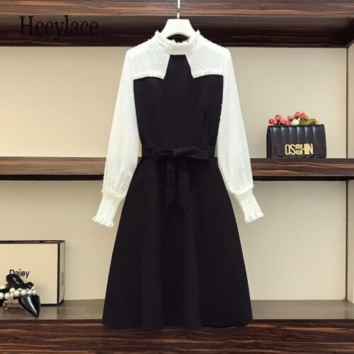 Plus Size Women Autumn office ladies Dress elegant Jacquard Turtleneck Long Sleeve Patchwork korean Knee Length A-line Dresses