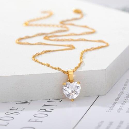 Goth Heart Necklace For Women Friend Gold Stainless Steel Chain Blue Pink Zircon Heart Female Pendant Necklace Cute Jewlery 2021