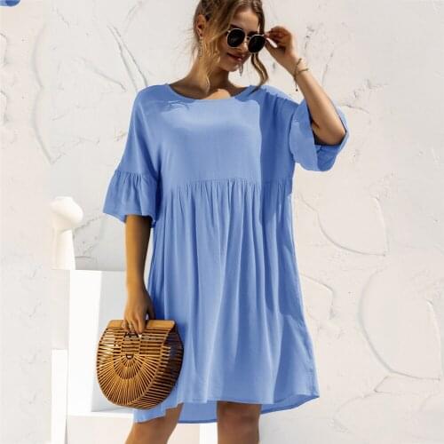 Ladies Casual Summer Dress 2021 Fashion Crease Loose Pocket O Neck Short Sleeve Mini Dress Pure Color Vacation Maxy Dress White