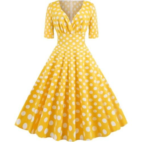 Polka Dot Printed Summer Women Casual Vintage Dress Short Sleeve V Neck A Line Swing Pin Up Rockabilly Sundress 50s 60s Clothing