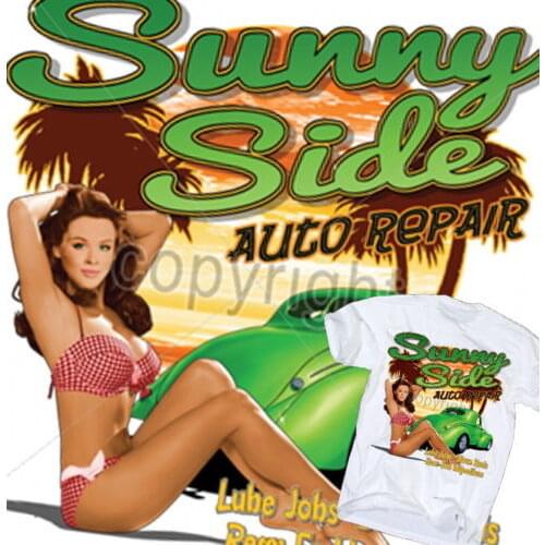 2019 Fashion Sleeves Cotton T-Shirt Fashion Sunny Side Hot Rod Repair T-Shirt Sexy Pinup V8 Car Fans Us Route 66 Design Tshirt