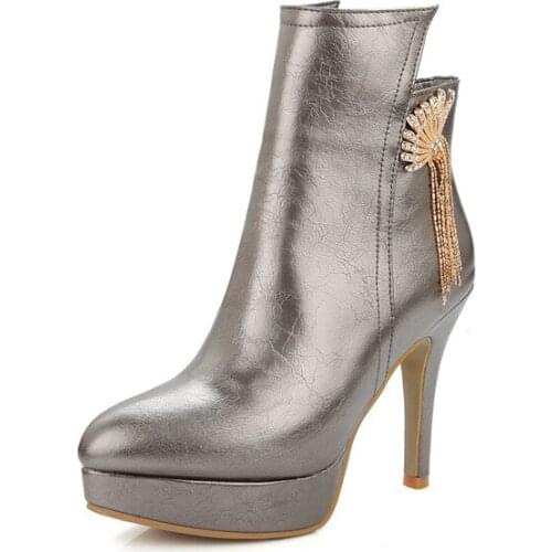 Big Size 11 12 13 14 15 Metal decorative side zipper short-barrel fashion boots with pointed thin heel waterproof platform