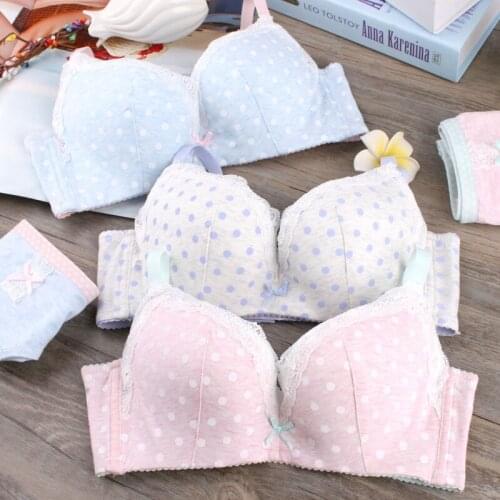 Cotton sutian female sweet wave point lace bra brief set day students small fresh underwear bralette women lingerie sets