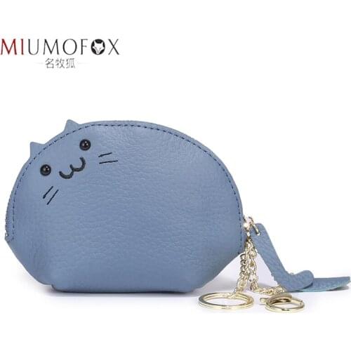 Womens Mini Wallets Cute Cat Genuine Leather Change Purse Key Case EDC Cosmetic Lipstick Organizer Pocket Coin Purse Kids Gifts
