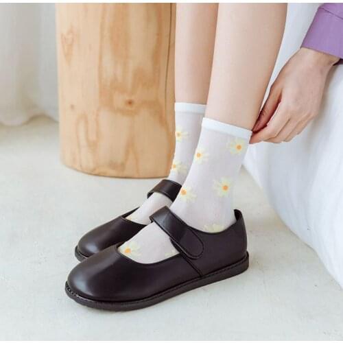 Korean Thin Women Socks Flower Long Silk Socks Woman 2020 Autumn Daisy Funny Socks Ankle Streetwear Calcetines Mujer