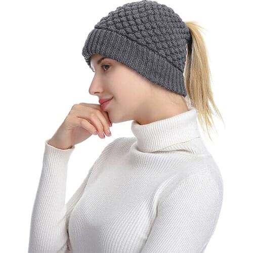 New Women’S Autumn Winter Knitted Warm Ponytail Beanie Hat Female Elastic Soft Beanies Cap Elegant All-Match Wool Casual Caps
