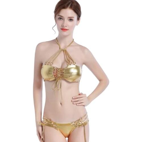 Very Hot Shining Golden Swimsuit Cobweb Wild Female Micro Crochet Bikinis Bandage Woman Swimwear 2020 Sexy Gold Foil Bikini