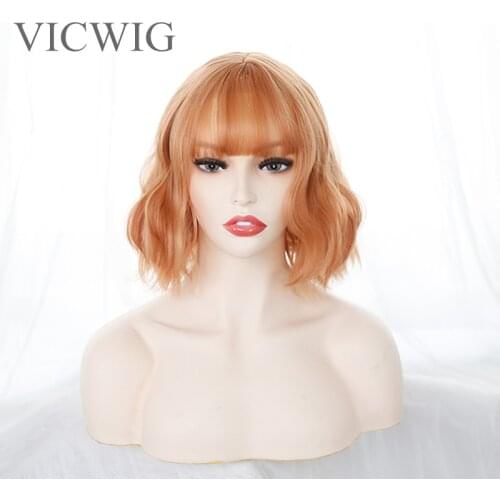 VICWIG Short Wavy Synthetic Hair with Bangs Black Mixed Orange Linen Light Blonde Cosplay Wig for Women