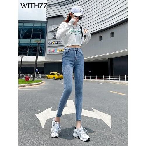 WITHZZ Spring Autumn Woman High Waist Elasticity Denim Women Pencil Pants Female Jeans