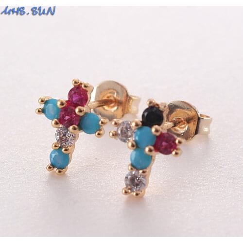 MHS.SUN Korean style women cross stud earrings fashion cubic zirconia jewelry exquisite gold color religion earrings female gift