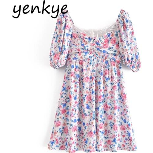 YENKYE Sexy Lace Trim Print Floral Dress Women Puff Sleeve A Line Mini Holiday Party Dresses Female Summer Chic Vestido