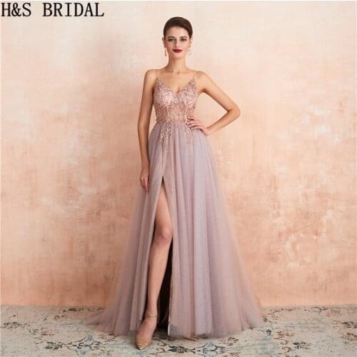 H&S BRIDAL Evening Dresses Long A Line Tulle High Slit Prom Dress 2019 Rhinestone Sequin Girls Party Gowns
