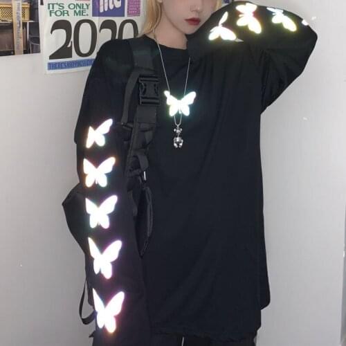 Loose Butterfely T Shirt Japan Harajuku T-shirts Men Funny Long Sleeve Loose Reflective Couple Hip Hop Tshirt Streetwear Men