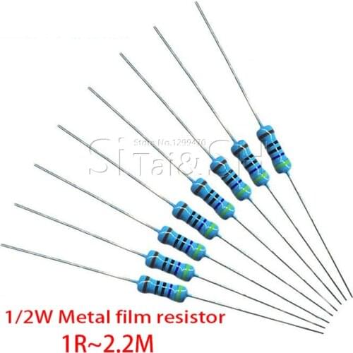 50pcs 1/2W Metal film resistor 1R~2.2M 100R 220R 330R 1K 1.5K 2.2K 3.3K 4.7K 10K 22K 47K 100K 100 220 330 1K5 2K2 3K3 4K7 ohm