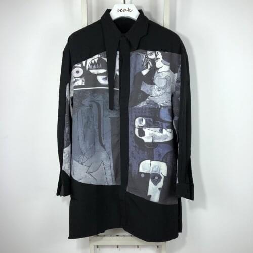 Owen Seak Men Casual Shirts High Street Style Mens Clothing Spring Male Autumn Print Long Sleeve Black Shirts