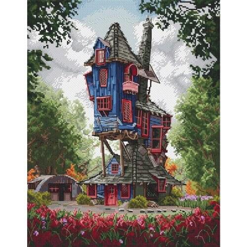 14CT DIY Cabin in Forest Counted Cross Stitch Thread Needlework Set Cotton Thread Full Embroidery Kits Art Handmade Needlework H