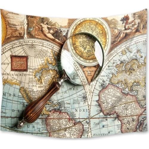Vintage World Map Magnifying Glass Retro Style Psychedelic Tapestry Wall Hanging Room Carpet Dorm Tapestries Art Home Decoration