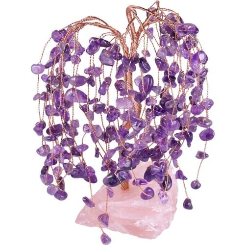 TUMBEELLUWA Natural Amethyst Luck Money Tree With Rose Quartz Base Reiki Healing Crystal Stone Mini Tree For Wealth Room Decor