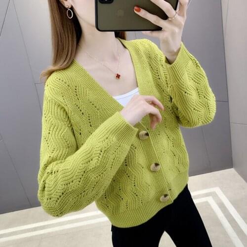 Room 200823 row 13 no. 1 】 collaosed v-neck pure color hollow out long sleeve button knitting cardigan 49