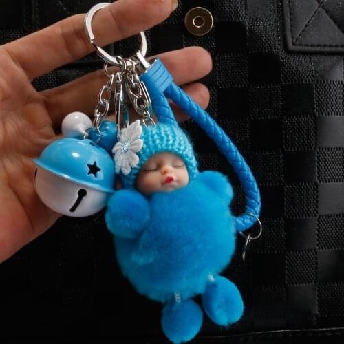 New Sleeping Baby Doll Keychain Fur Ball Plush KeyChain Keyring Women Handbag Car Key Holder Bag Pendant Toys for Kids Gift