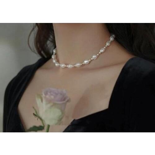 New Style Favorite Natural Pearl Necklace Handmade 3-9MM White Rice Baroque Real Pearl Choker Necklace Mothers Day Gift