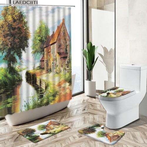 Autumn Oil Painting Scenery Shower Curtain Country House Waterfall River Bathroom Non-Slip Carpet Toilet Cover Bath Foot Mat Set