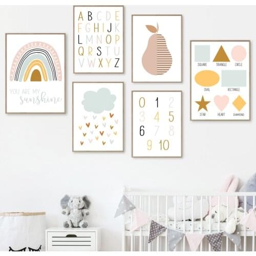 Alphabet Numbers Rainbow Pears Shapes Art Canvas Painting Nordic Education Posters And Prints Wall Pictures For Kids Room Decor
