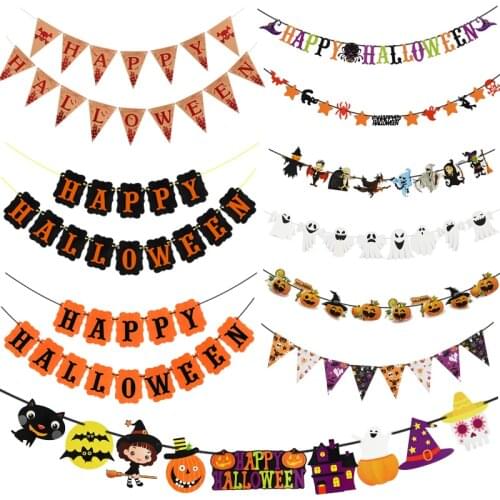 Happy Halloween Paper Banner Horror Bat Pumpkin Witch Spider Skull Garland For Halloween Party Hanging Decoration Bunting Flags