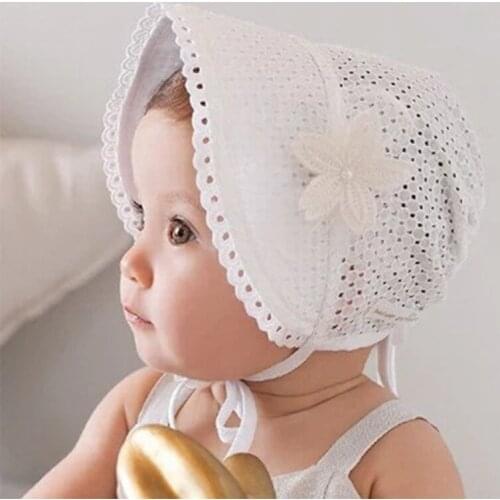 Spring Cap Summer Sweet Princess Hollow Baby Girls Hat Lace-up Beanie Cotton Bonnet Child Kids Flower Beanie Lace Floral Cap(whi
