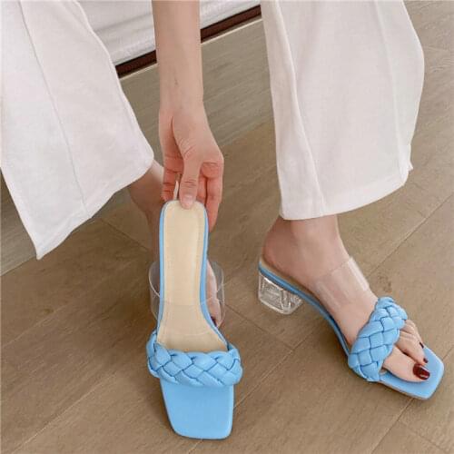 Sianie Tianie 2021 Hand Weaved PVC Clear Strap Transparent Chunky Heels Womens Sandals Genuine Leather Insole Woman Mules Slides