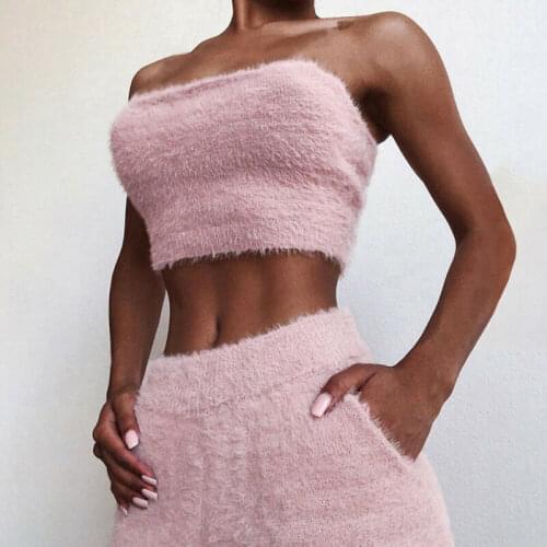 Sexy Womens Bodycon 2 Pieces Set Fluffy Strapless Tube Tops Shorts Suit Autumn Winter Clothes Women Club Party Outfits