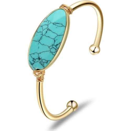 Light Yellow Gold Color Oval Shape Green Turquoises Open Bangle Labradorite Stone Fashion Jewelry