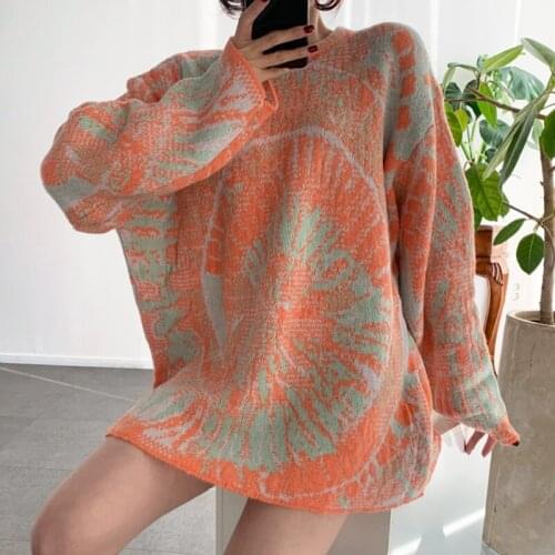 Irregular Printed Sweater Loose Casual O-neck Long Sleeve Knitwear Pullover Sweaters 2021 Spring Women Clothing