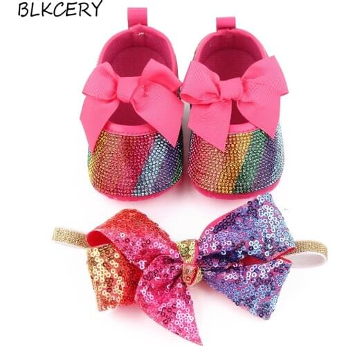 Baby Girls Shoes Bling Rhinestone Newborn Infant Footwear Toddler Flats for 1 Year Old Christian Doll Gifts with Headband a Sets