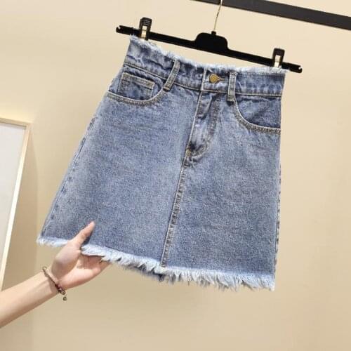 Summer 2021 Denim Short Skirt Female Wild Large Size Thin Loose Bag Hips Raw Edge High Waist A-line Skirt Skirt Woman