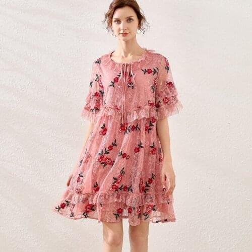 Large size ladies' summer new womens fashion Heavy embroidery Ruffles Elegant dress O neck flare sleeve mini dresses High-end