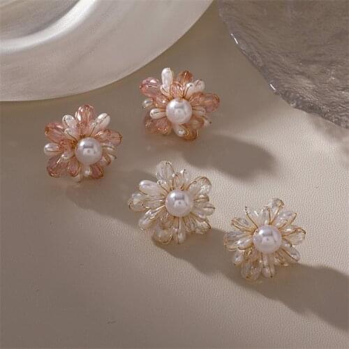 2021 New Korean Pink Flower Simulated Pearl Sweet Trendy Stud Earrings For Women Fashion Jewelry Party Sweet Pendientes