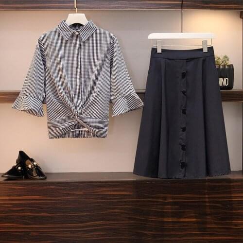 Plus Size L-5XL 2021 Summer Stripe Blouse + Skirts Two Piece Sets Womens Two-Piece Skirt Suit Sets Female Temperament Slim Sets